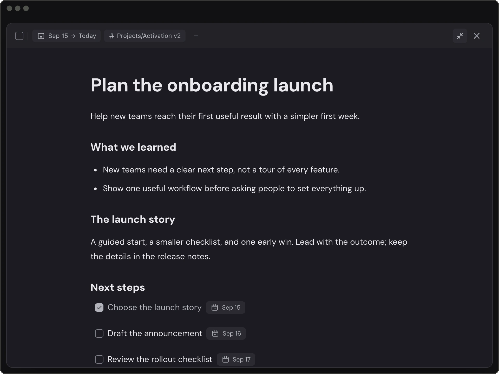 An ActionDrivenNote demo action with an onboarding rollout plan, working notes, and linked follow-up actions.