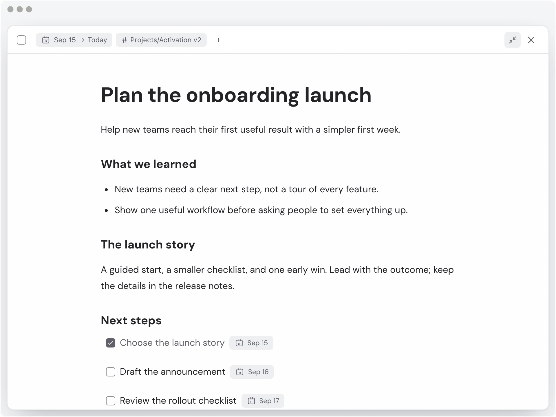 An ActionDrivenNote demo action with an onboarding rollout plan, working notes, and linked follow-up actions.