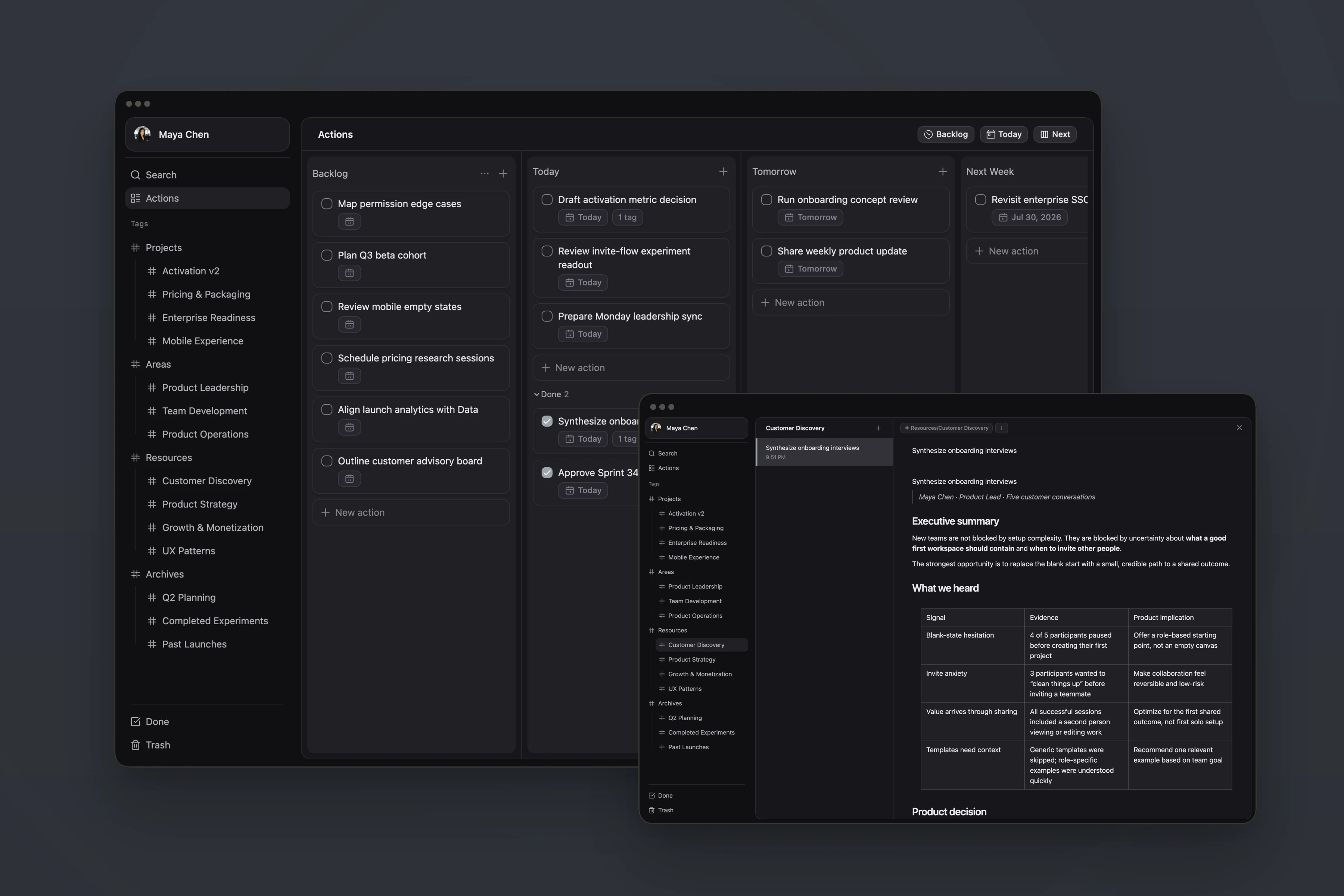 ActionDrivenNote workspace containing actions and notes available through MCP