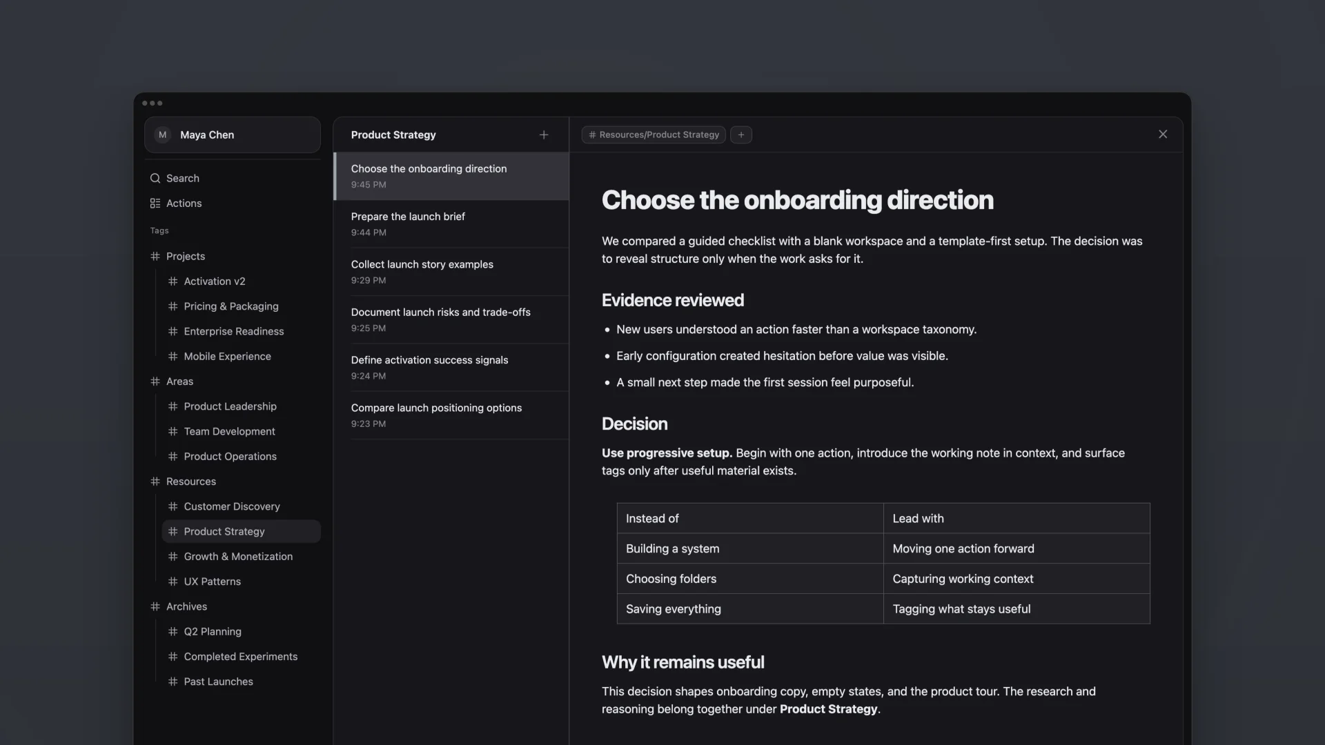 A completed ActionDrivenNote action preserved as a note under the Product Strategy topic