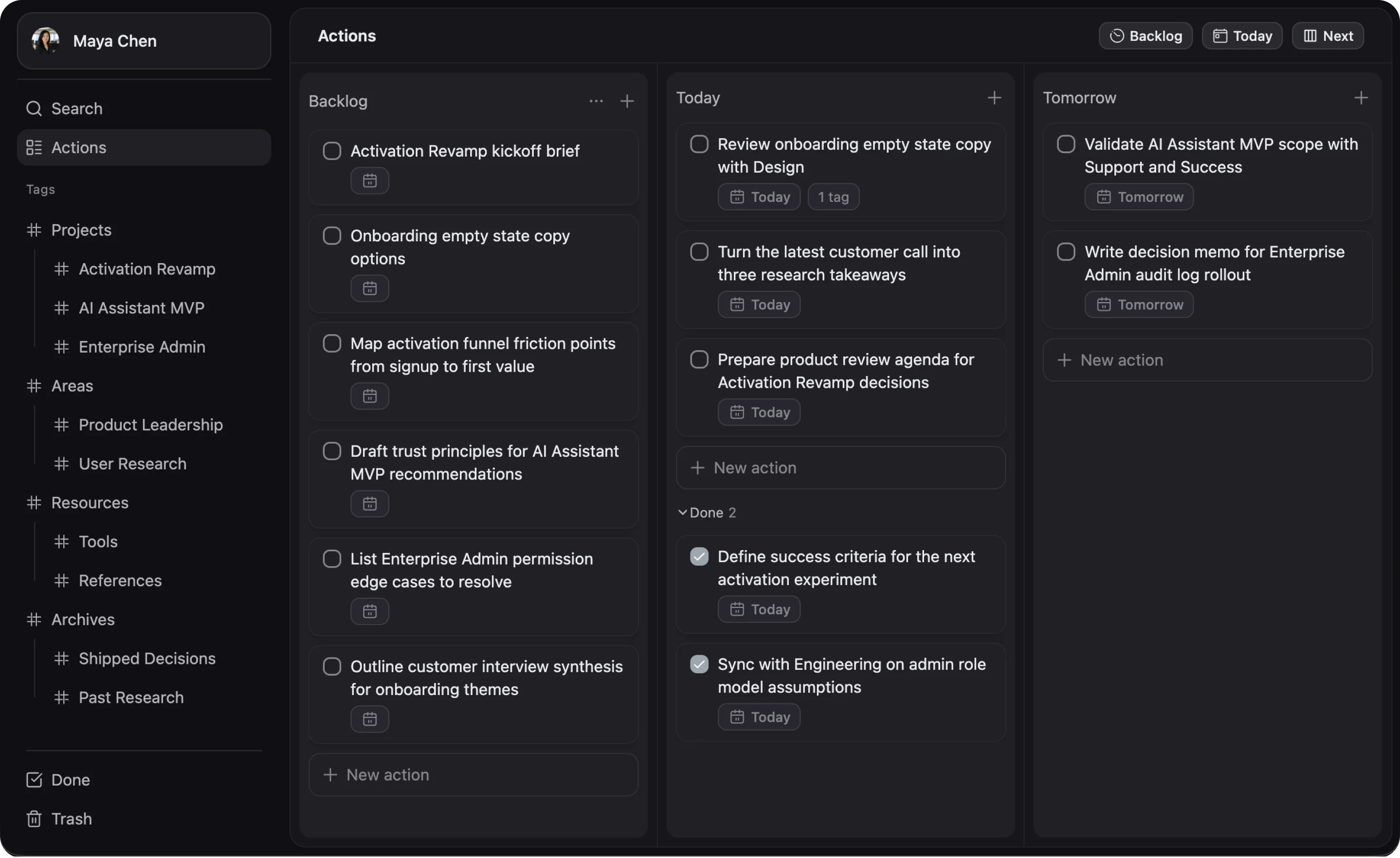 ActionDrivenNote workflow screenshot showing action setup.