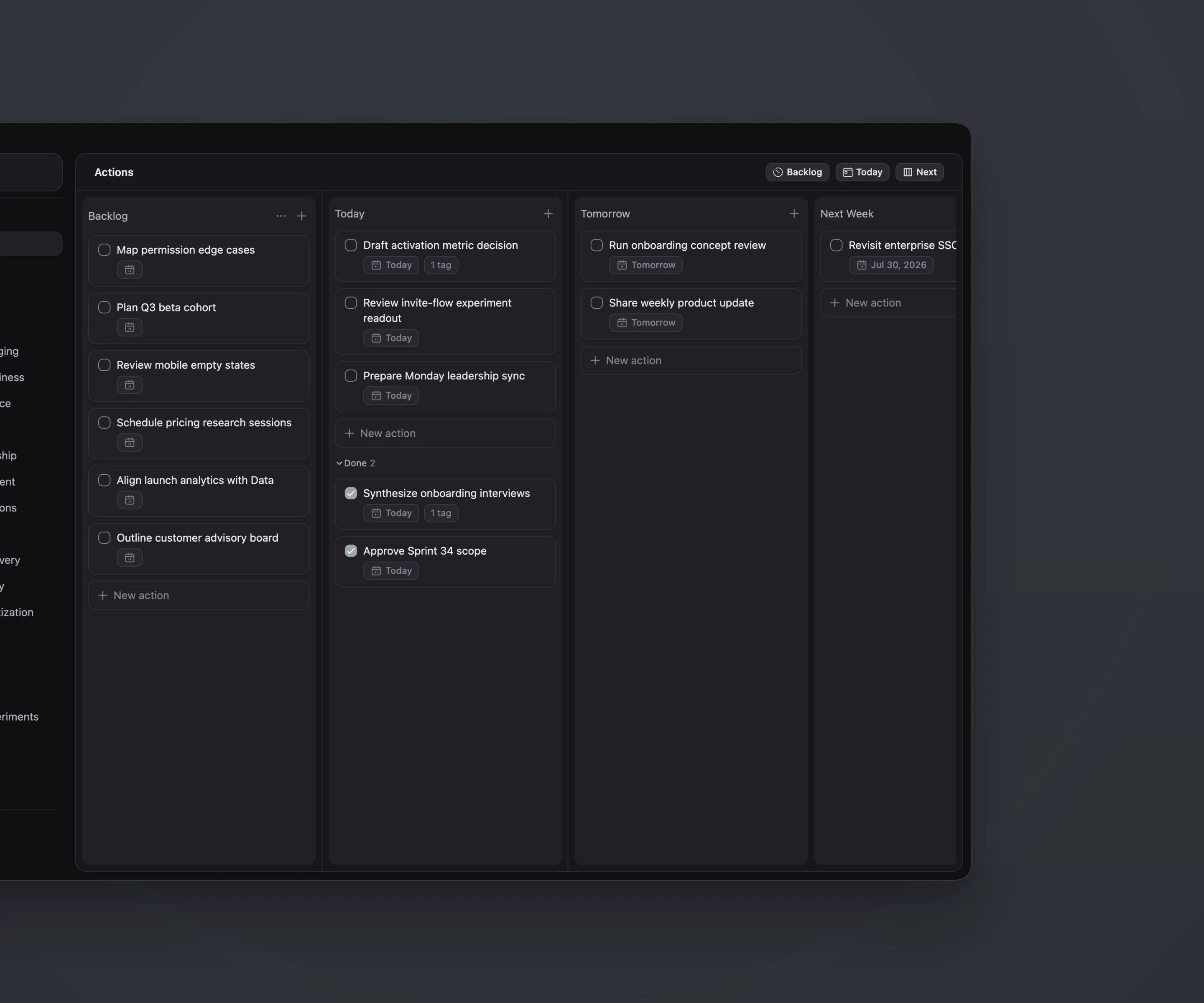 Action planning board detail for capture broadly