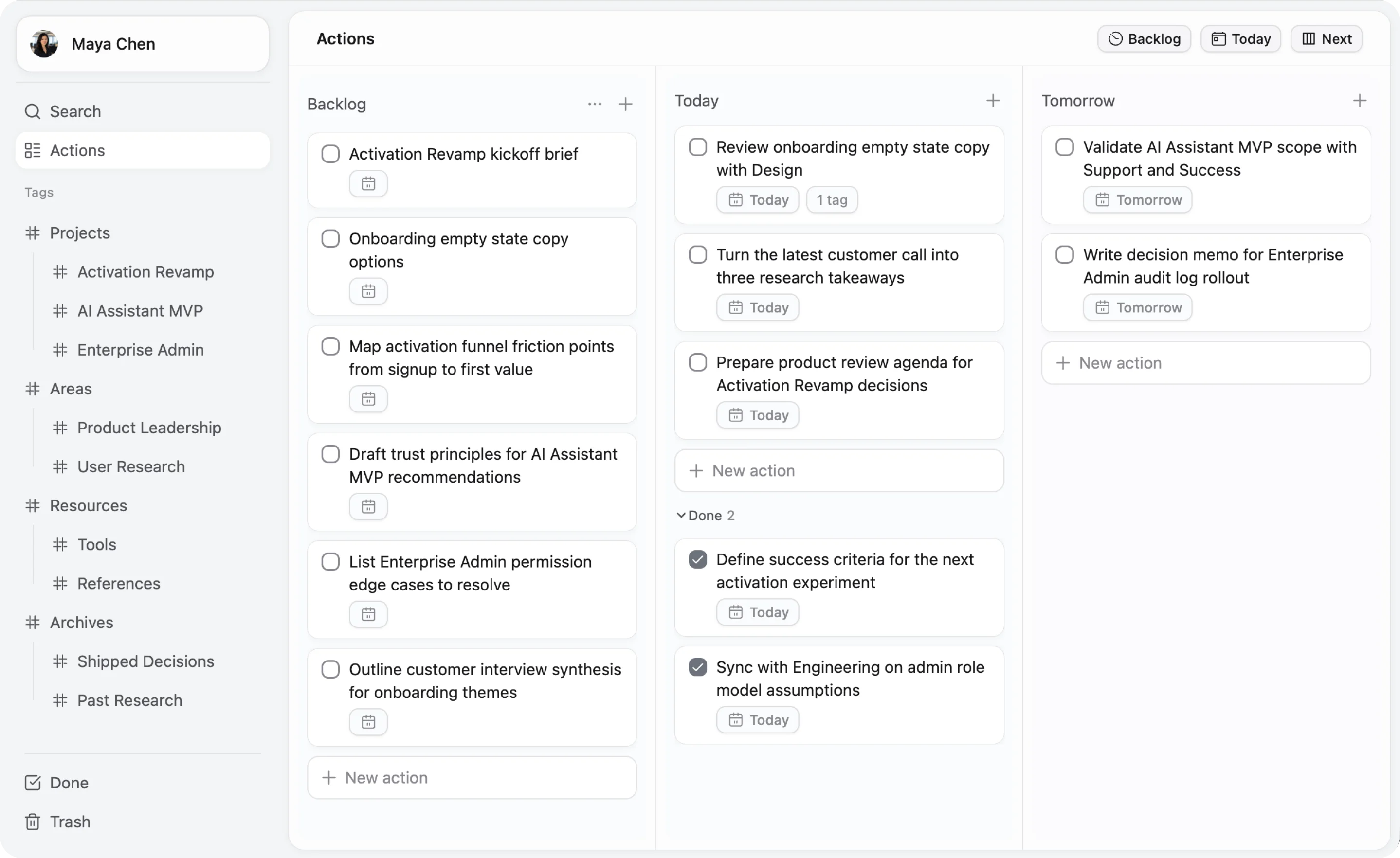 ActionDrivenNote workflow screenshot showing action setup.