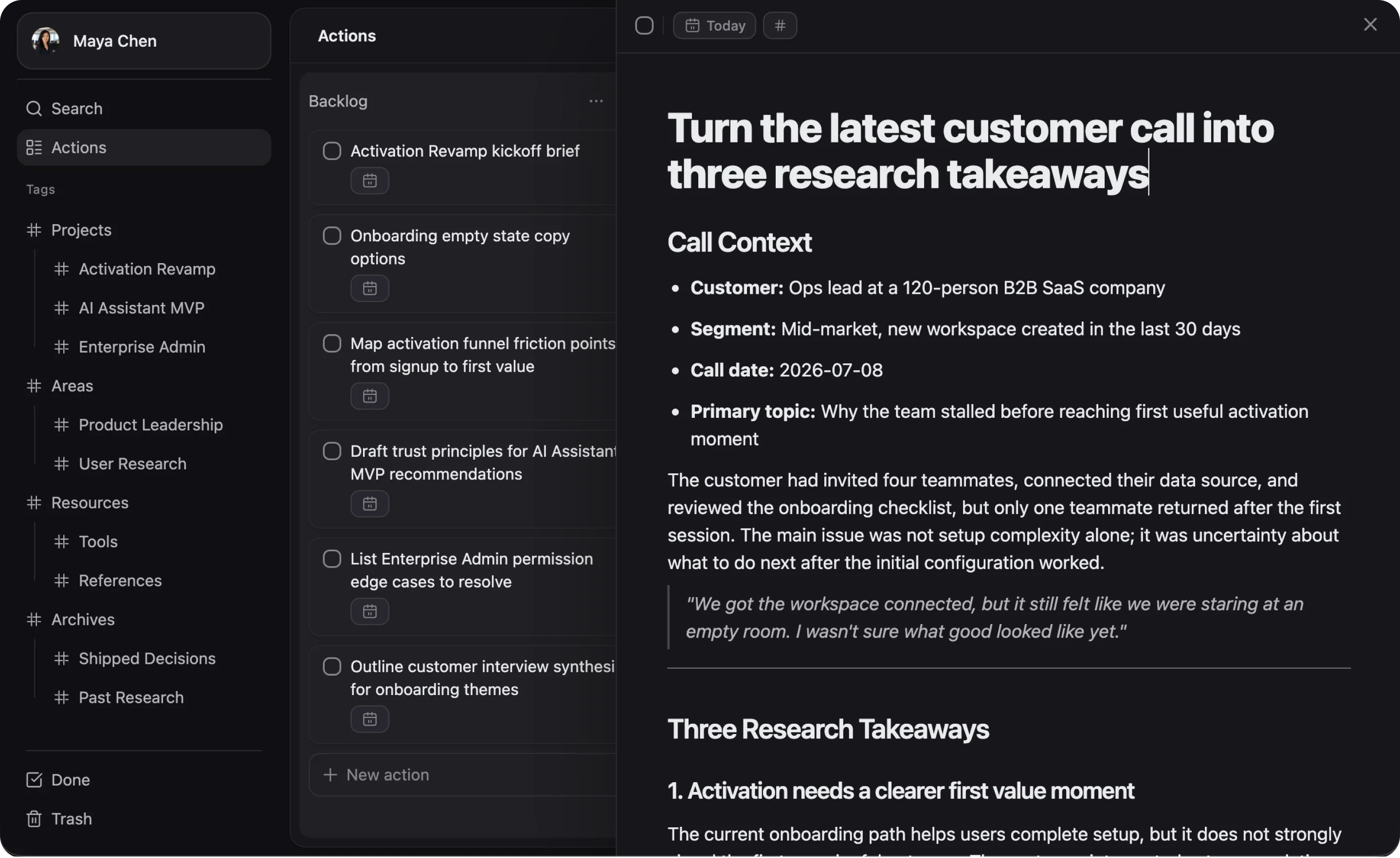 ActionDrivenNote workflow screenshot showing notes captured during work.