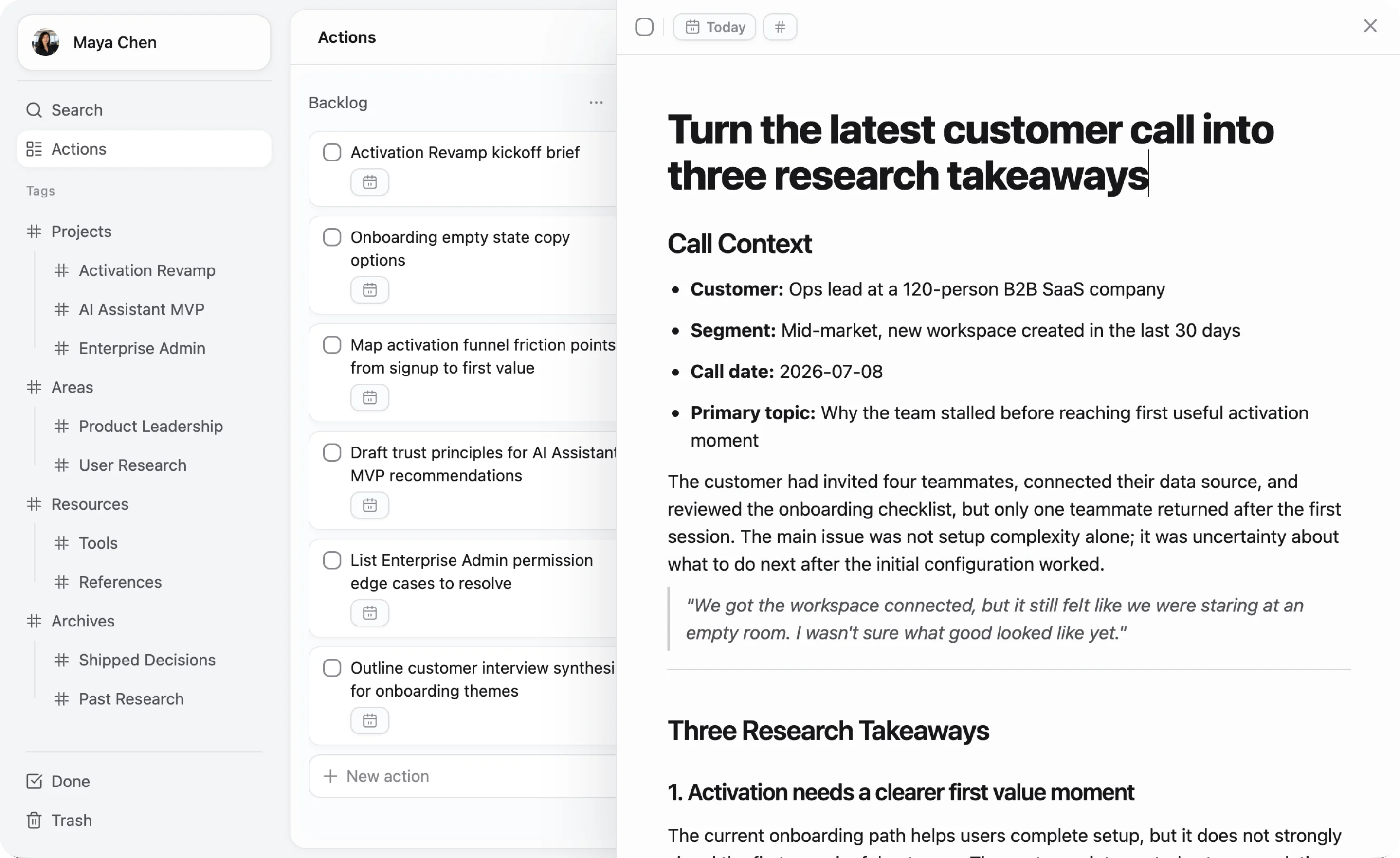 ActionDrivenNote workflow screenshot showing notes captured during work.