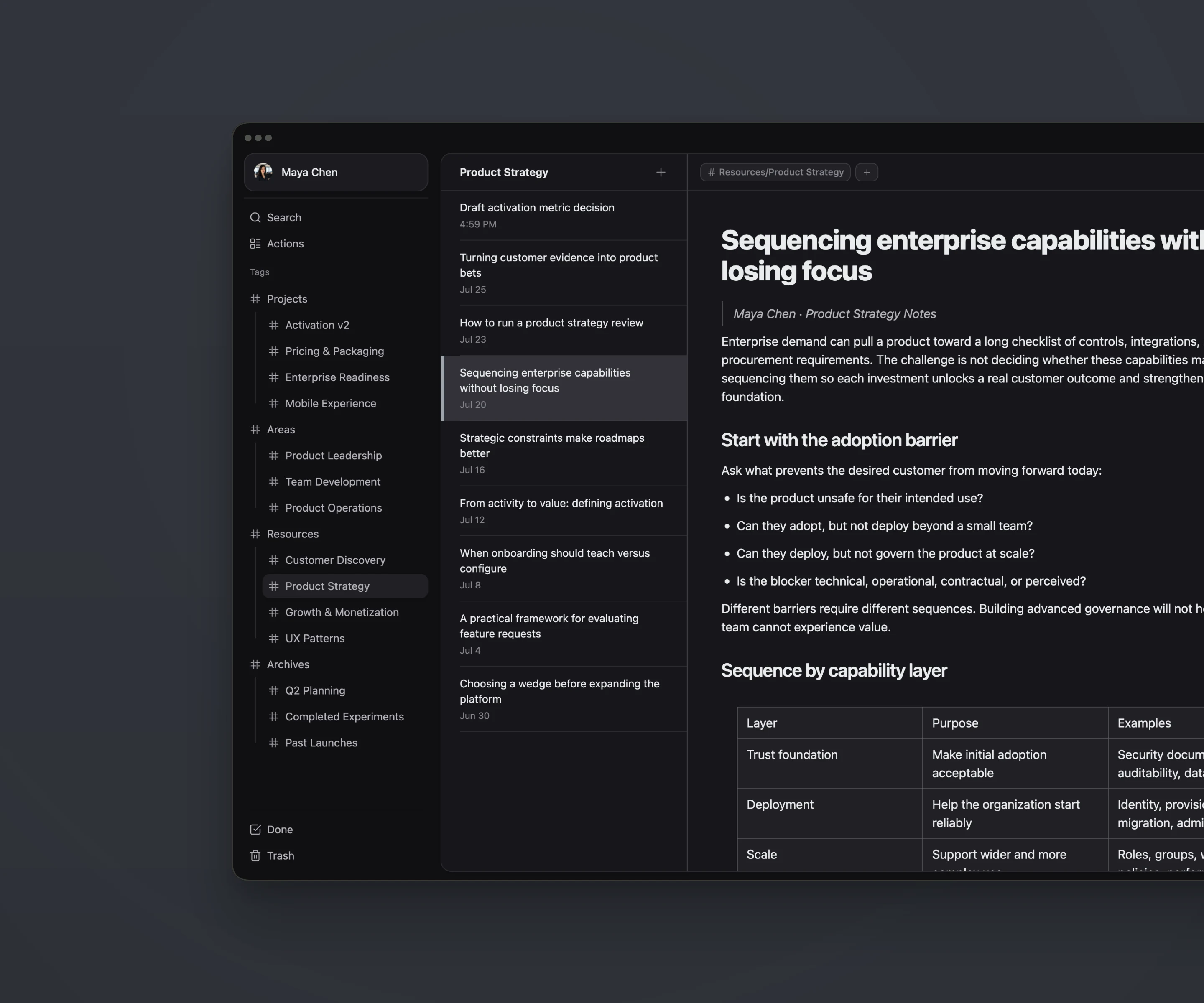 Tagged notes and completed work organized in ActionDrivenNote