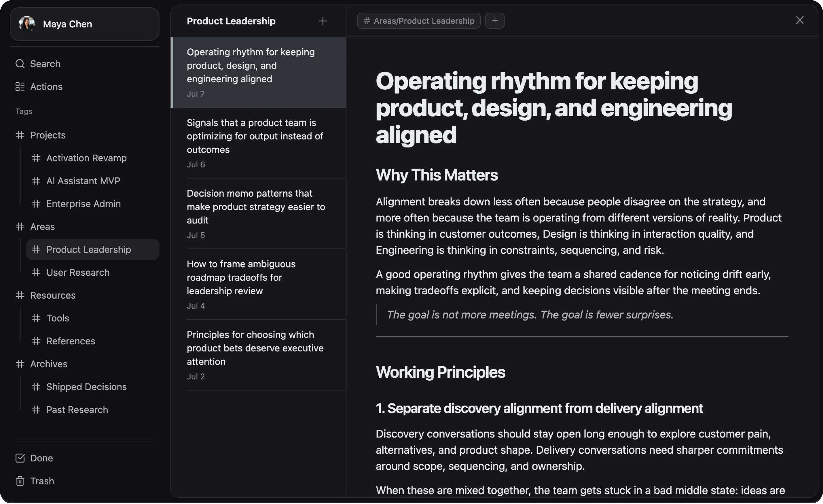 ActionDrivenNote workflow screenshot showing saved notes and preserved context.