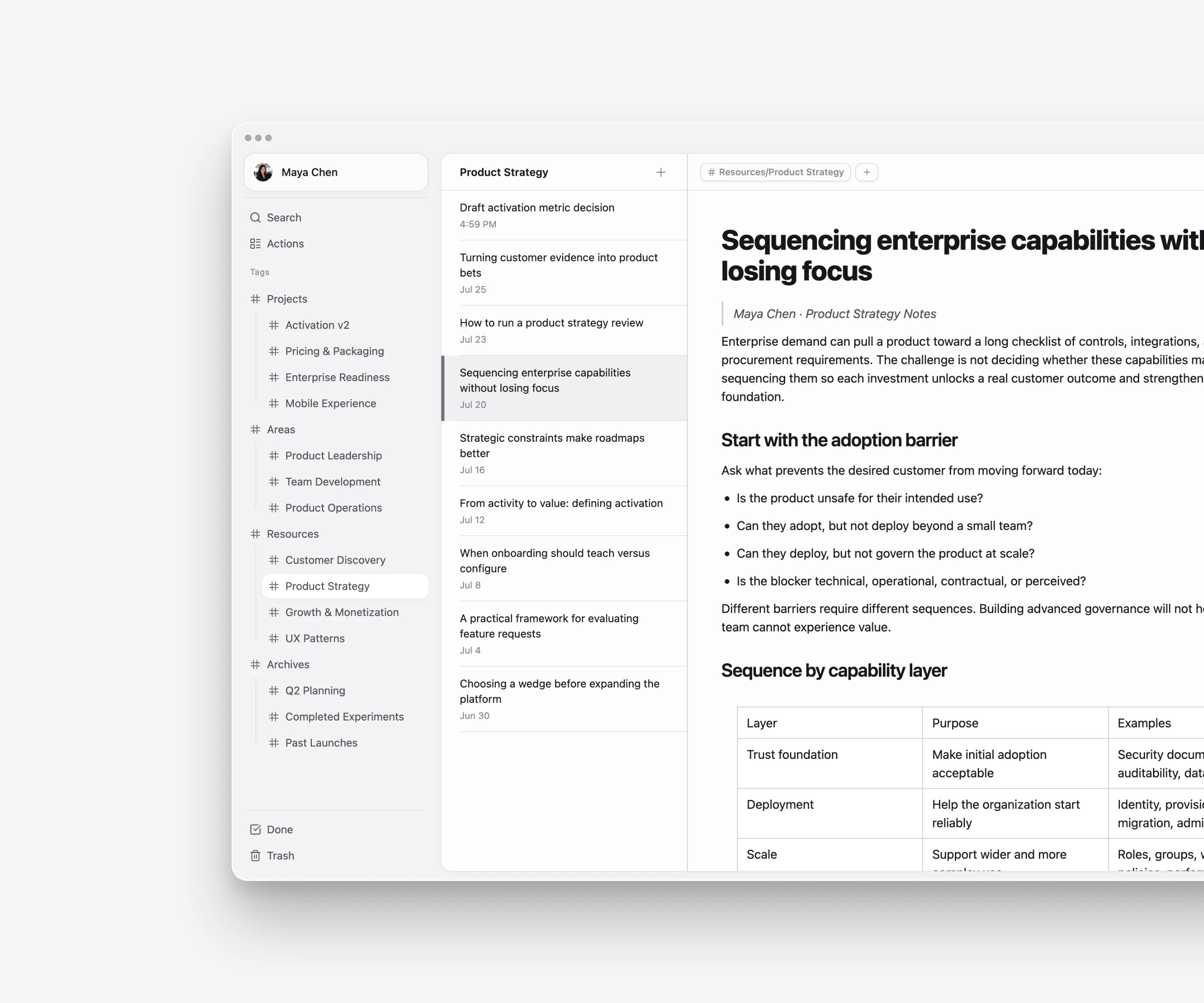 Tagged notes and completed work organized in ActionDrivenNote
